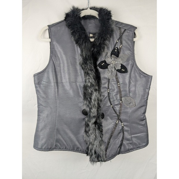 Black Rabbit Fur Trimmed Vest Womens M Embellished Floral Applique Elegent Party - Picture 2 of 10